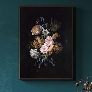 Dark Floral Still Life, Bouquet Painting Print, Bookworm Print, Dark Academia Decor, 16x20 Art, Vintage Style Living Room Decor, Surrealist