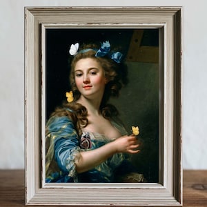 Stampa in stile Maria Antonietta con farfalle, stampa artistica alterata, decorazione da parete femminile, stampa di pittura vintage, parete della galleria della camera da letto,