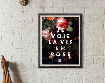 Je Voie La Vie En Rose Art Print, Dark Floral Rose and Thorns, French Song Lyrics, Romantic Art, Gallery Wall Art, Vintage Painting Print