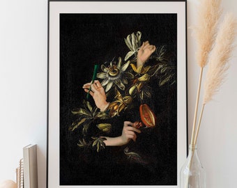 Surrealist Dark Floral Art Print, Altered Art, Still Life Painting Print, Dark Moody Art, Victorian Style, Gallery Wall Decor, Dark Academia