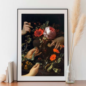 Dark Floral Surrealist Art Print, Dark Academia Moody Wall Art, Still Life Painting Print, Gallery Wall Art, Bedroom Decor, Vintage Style