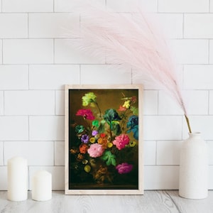 Stampa artistica botanica floreale al neon, stampa murale floreale rosa, decorazione da parete per soggiorno, stampa di natura morta, stampa da parete per gallerie, arte alterata,