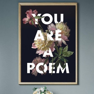 You Are a Poem Floral Print, Peonies Still Life Painting with Black Background, Pink Flower Study, Quote Art for Gallery Wall, Girl Gift