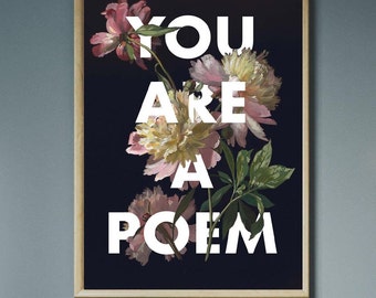 You Are a Poem Floral Print, Peonies Still Life Painting with Black Background, Pink Flower Study, Quote Art for Gallery Wall, Girl Gift