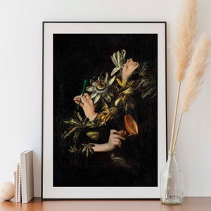 Dark Floral Still Life Art Print, Botanical Print, Surreal Altered Painting, Dark Academia Decor, Gallery Wall Art, Living Room Decor