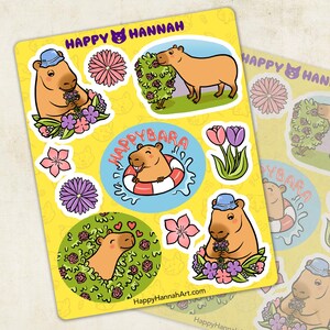 Capybara Cute Stationery Sticker Sheet, Capybara Lover Gift, Craft Happybara Spring, Flower Animals Hats Journal Deco Floral Sticker Collage