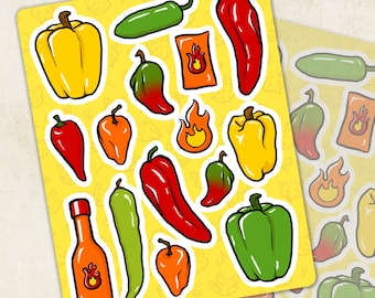 Spicy Peppers Stationery Sticker Sheet, Gift Spicy Food Lover Sticker, Craft Jalapeno Bell Pepper Ghost Pepper Journal Deco Sticker Collage
