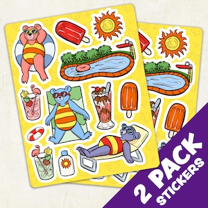 May include: A two-pack sticker sheet featuring summer-themed illustrations on a yellow background. Designs include bears in striped swimsuits, a swimming pool with a diving board, a sun, ice cream treats, cocktails with flamingos, and sunscreen.