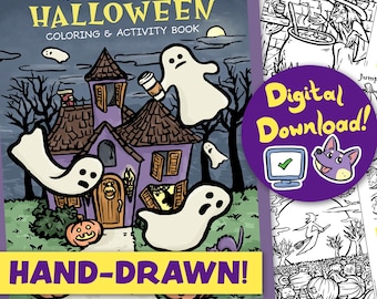Print at Home Halloween Malbuch für Kinder und Erwachsene, entspannendes Farbgeschenk, gruseliges Jahreszeitenbuch, digitaler Download, handgezeichnet
