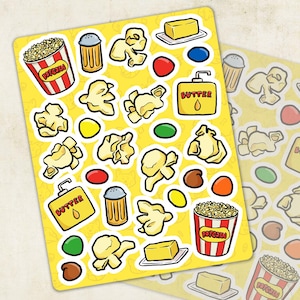Movie Night Stationery Sticker Sheet, Popcorn Junk Food Candy Lover Gift, Craft Cozy Day Treats, Journal Deco Butter Popcorn Sticker Collage