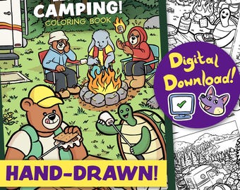 Puede incluir: Un libro para colorear "Let's Go Camping!" con una ilustración dibujada a mano de animales de dibujos animados alrededor de una fogata. La portada presenta un oso, un conejo y una tortuga asando malvaviscos. También se ve una insignia de descarga digital.