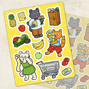 Cats and Snacks Stationery Sticker Sheet, Craft Shopping Cats Grocery Store Journal Deco Collage Stickers, Gift for Cat Kitten Lover Sticker