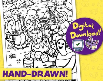 Puede incluir: Ilustración en blanco y negro dibujada a mano de una escena de acampada con personajes de dibujos animados alrededor de una fogata. La imagen incluye el texto "Digital Download!" y "HAND-DRAWN!"
