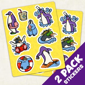May include: A sticker sheet featuring cartoon penguins in various summer activities, including one with a towel, one eating ice cream, one wearing goggles in water, and one in a life ring. The text COLD! appears next to a splashing penguin.