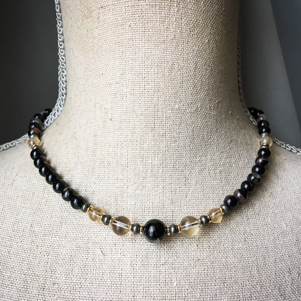 Collier court en pierres naturelle Citrine, Tourmaline noire, et Pyrite