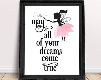 May All Your Dreams Come True Printable Girls Room Wall Art Fairy Art Instant Download Pink & Black Nursery Quote Decor Goddaughter Gift