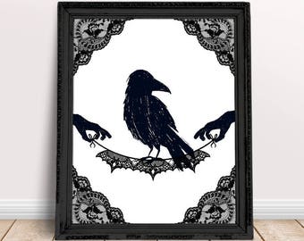 AFDRUKBARE Crow Halloween decoratie Crow Artwork Raven deur Decor Black & White Wall Art Print Spooky teken Gothic Home Decor zwarte vogel kunst