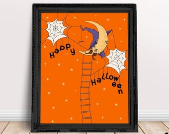 Happy Halloween afdrukbare, cute Halloween decor, kinder Halloween decor, heks afdrukbare kunst, Happy Halloween teken, Instant Download