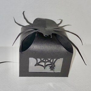 Könnte beinhalten: Schwarze Pappbox mit einer Spinnen-Ausschnitt auf der Oberseite und einem Spinnennetz-Ausschnitt auf der Vorderseite. Die Box ist für kleine Leckereien oder Geschenke gedacht.