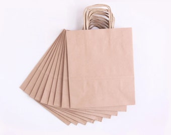 set of 25 brown kraft paper bag with handles, 8 x 7'' , 20x18 cm