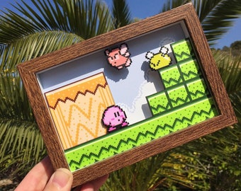 Kirby's Adventure mini 3D Shadow Box 7"x5" / Kirby Video Game Pixel Art Wall Art