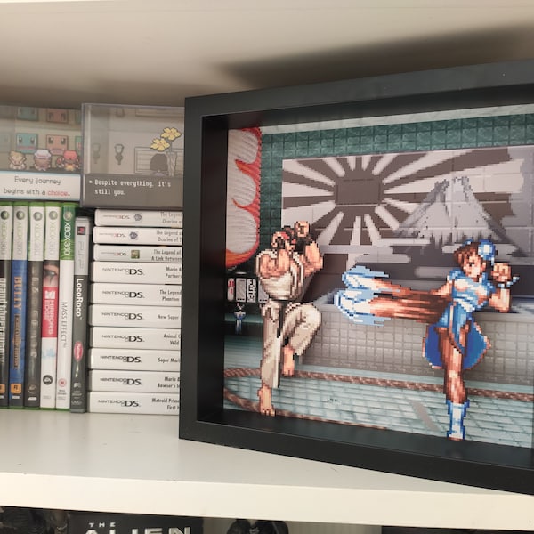 LAST UNIT! Street Fighter Ryu VS Chun Li Shadow Box | Video Game Gift | Retro Gaming Pixel Art Diorama