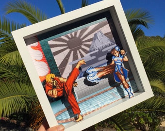 Street Fighter Ken VS Chun Li Shadow Box | Video Game Gift | Retro Gaming Pixel Art Diorama