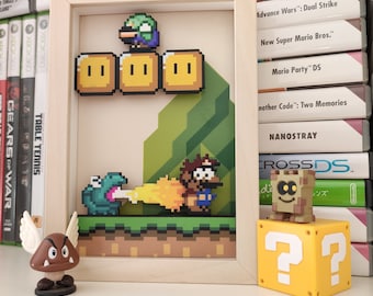 Super Mario World Diorama 3D SNES Shadow Box Pixel Art for Decor with Mario and Luigi