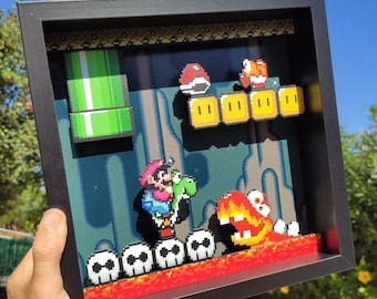 Super Mario World Shadowbox with Mario and Yosh Gamer Gift for friend diorama Nintendo Decor for geek gift