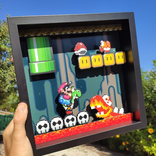 Super Mario World Shadowbox with Mario and Yosh Gamer Gift for friend diorama Nintendo Decor for geek gift