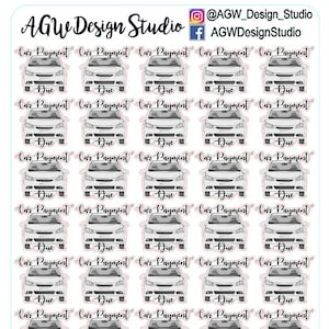 Pode incluir: Uma folha de 25 adesivos de lembrete de pagamento de carro. Cada adesivo apresenta uma ilustração em preto e branco de um carro com o texto "Car Payment Due" em preto.