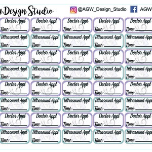 May include: A printable sheet with 28 appointment reminder labels. Each label has a purple border and a light blue background. The labels are designed for doctor appointments and ultrasound appointments. The labels have space to write in the time of the appointment.