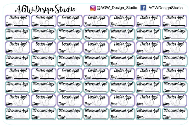 May include: A printable sheet with 28 appointment reminder labels. Each label has a purple border and a light blue background. The labels are designed for doctor appointments and ultrasound appointments. The labels have space to write in the time of the appointment.
