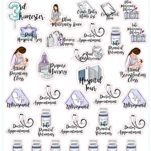 May include: A set of 18 colourful stickers with illustrations and text related to pregnancy and childbirth. The stickers feature images of a pregnant woman, a baby, a hospital, a nursery, and a doctor's stethoscope. The text on the stickers includes phrases like "3rd Trimester", "Pack Hospital Bag", "Attend Parenting Class", "Prepare Nursery", "Ultrasound", "Doctor Appointment", "Take Prenatal Vitamins", "Hospital Tour", "Create Baby Name List", "Plan Maternity Leave", "Go Nursery Shopping", "Find Pediatrician", "Plan Birth Plan", "Maternity Photos", "Attend Breastfeeding Class".