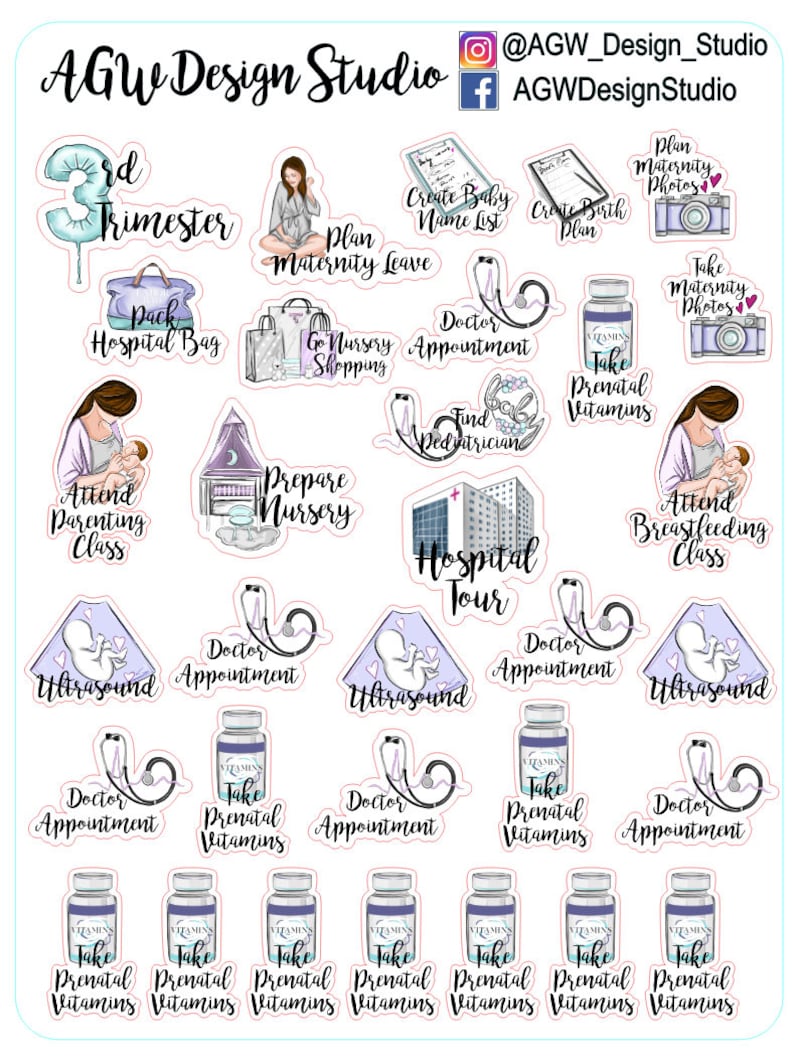 May include: A set of 18 colourful stickers with illustrations and text related to pregnancy and childbirth. The stickers feature images of a pregnant woman, a baby, a hospital, a nursery, and a doctor's stethoscope. The text on the stickers includes phrases like "3rd Trimester", "Pack Hospital Bag", "Attend Parenting Class", "Prepare Nursery", "Ultrasound", "Doctor Appointment", "Take Prenatal Vitamins", "Hospital Tour", "Create Baby Name List", "Plan Maternity Leave", "Go Nursery Shopping", "Find Pediatrician", "Plan Birth Plan", "Maternity Photos", "Attend Breastfeeding Class".