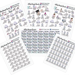 May include: A set of 10 printable sticker sheets featuring various designs, including appointments, doctors, and medical-themed illustrations. The stickers are in black, white, and shades of blue and purple.