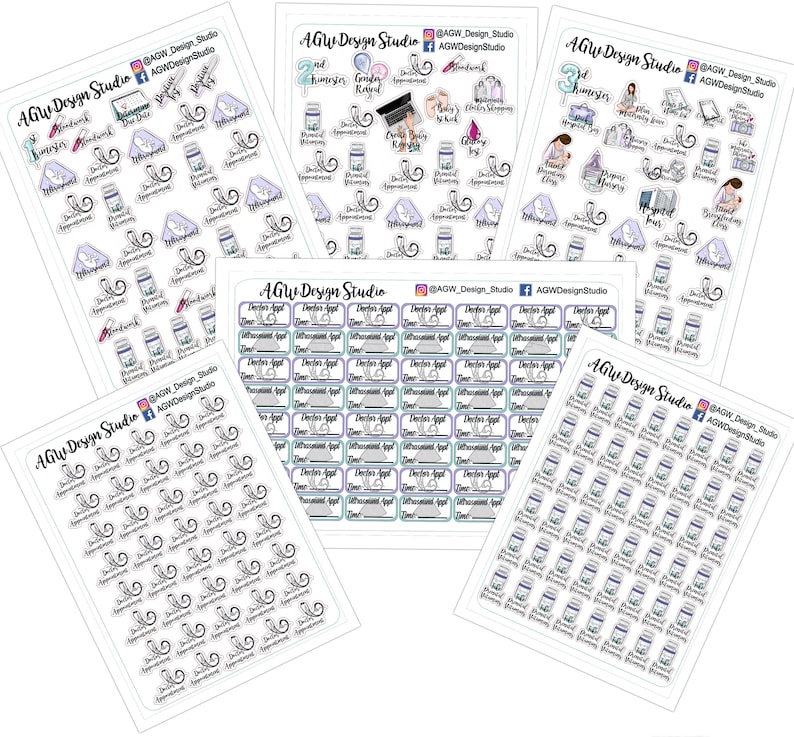 May include: A set of 10 printable sticker sheets featuring various designs, including appointments, doctors, and medical-themed illustrations. The stickers are in black, white, and shades of blue and purple.