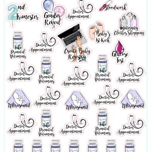 May include: A set of 20 colourful stickers for a pregnancy journal. The stickers feature illustrations of a stethoscope, a baby, a bottle of prenatal vitamins, and other pregnancy-related items. The stickers are labelled with phrases like "Doctor Appointment", "Ultrasound", "Take Prenatal Vitamins", and "Baby's 1st Kick".