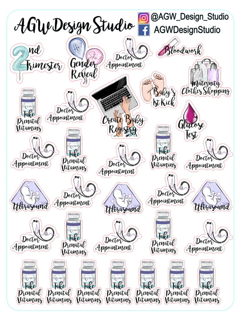 May include: A set of 20 colourful stickers for a pregnancy journal. The stickers feature illustrations of a stethoscope, a baby, a bottle of prenatal vitamins, and other pregnancy-related items. The stickers are labelled with phrases like "Doctor Appointment", "Ultrasound", "Take Prenatal Vitamins", and "Baby's 1st Kick".