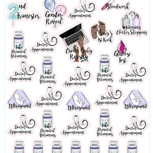 May include: A set of 20 colourful stickers for a pregnancy journal. The stickers feature illustrations of a stethoscope, a baby's first kick, a pregnancy test, a baby registry, and prenatal vitamins. The stickers also include text such as "2nd Trimester", "Gender Reveal", "Doctor Appointment", "Ultrasound", and "Take Prenatal Vitamins".