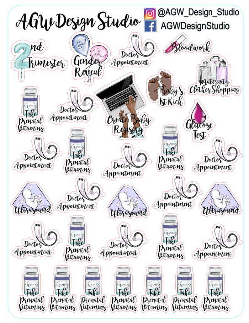 May include: A set of 20 colourful stickers for a pregnancy journal. The stickers feature illustrations of a stethoscope, a baby's first kick, a pregnancy test, a baby registry, and prenatal vitamins. The stickers also include text such as "2nd Trimester", "Gender Reveal", "Doctor Appointment", "Ultrasound", and "Take Prenatal Vitamins".