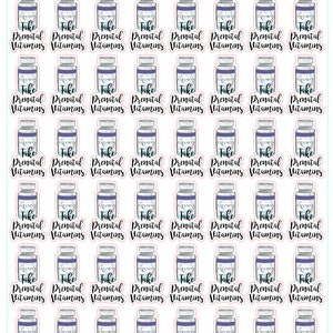 May include: A sheet of 36 stickers featuring a blue and white illustration of a bottle of prenatal vitamins. The stickers are pink and white and say "Take Prenatal Vitamins" on each one.