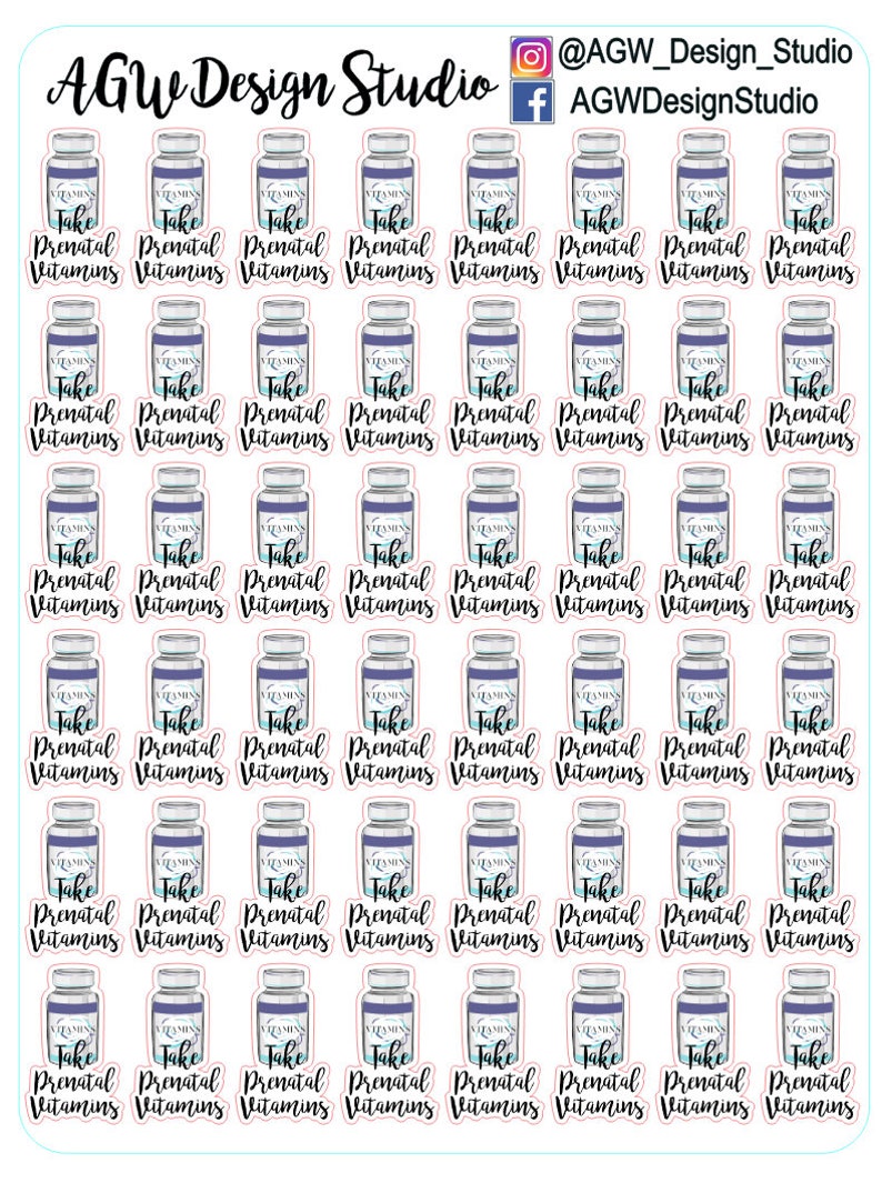 May include: A sheet of 36 stickers featuring a blue and white illustration of a bottle of prenatal vitamins. The stickers are pink and white and say "Take Prenatal Vitamins" on each one.