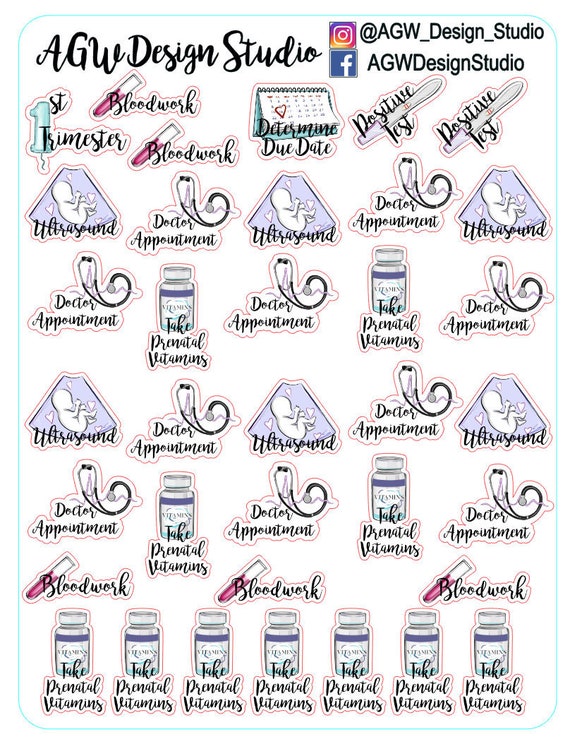 1st/2nd/3rd Trimester Pregnancy Journey - Planner Stickers - Doctor/Ultrasound Appt/Bloodwork/Prenatal Vitamins - Bullet Journal-Scrapbook