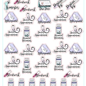 May include: A set of 20 colourful stickers for a pregnancy planner or journal. The stickers feature illustrations of a stethoscope, a calendar, a pregnancy test, a bottle of prenatal vitamins, and an ultrasound image. The stickers also include text such as "Bloodwork", "Doctor Appointment", "Take Prenatal Vitamins", "Ultrasound", and "1st Trimester".