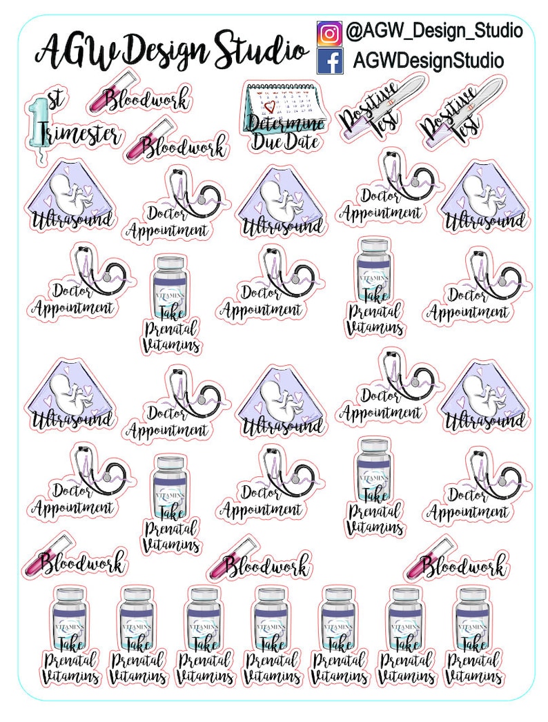 May include: A set of 20 colourful stickers for a pregnancy planner or journal. The stickers feature illustrations of a stethoscope, a calendar, a pregnancy test, a bottle of prenatal vitamins, and an ultrasound image. The stickers also include text such as "Bloodwork", "Doctor Appointment", "Take Prenatal Vitamins", "Ultrasound", and "1st Trimester".