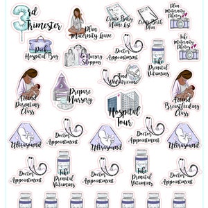 May include: A set of 20 colourful stickers for a third trimester pregnancy journal. The stickers feature illustrations of a pregnant woman, a hospital, a baby bottle, and other pregnancy-related items. The stickers are labelled with phrases like "Attend Parenting Class", "Prepare Nursery", "Hospital Tour", and "Take Prenatal Vitamins".