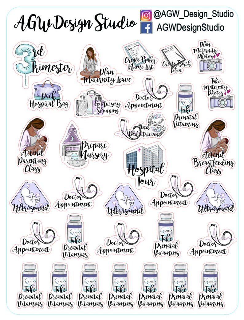 May include: A set of 20 colourful stickers for a third trimester pregnancy journal. The stickers feature illustrations of a pregnant woman, a hospital, a baby bottle, and other pregnancy-related items. The stickers are labelled with phrases like "Attend Parenting Class", "Prepare Nursery", "Hospital Tour", and "Take Prenatal Vitamins".