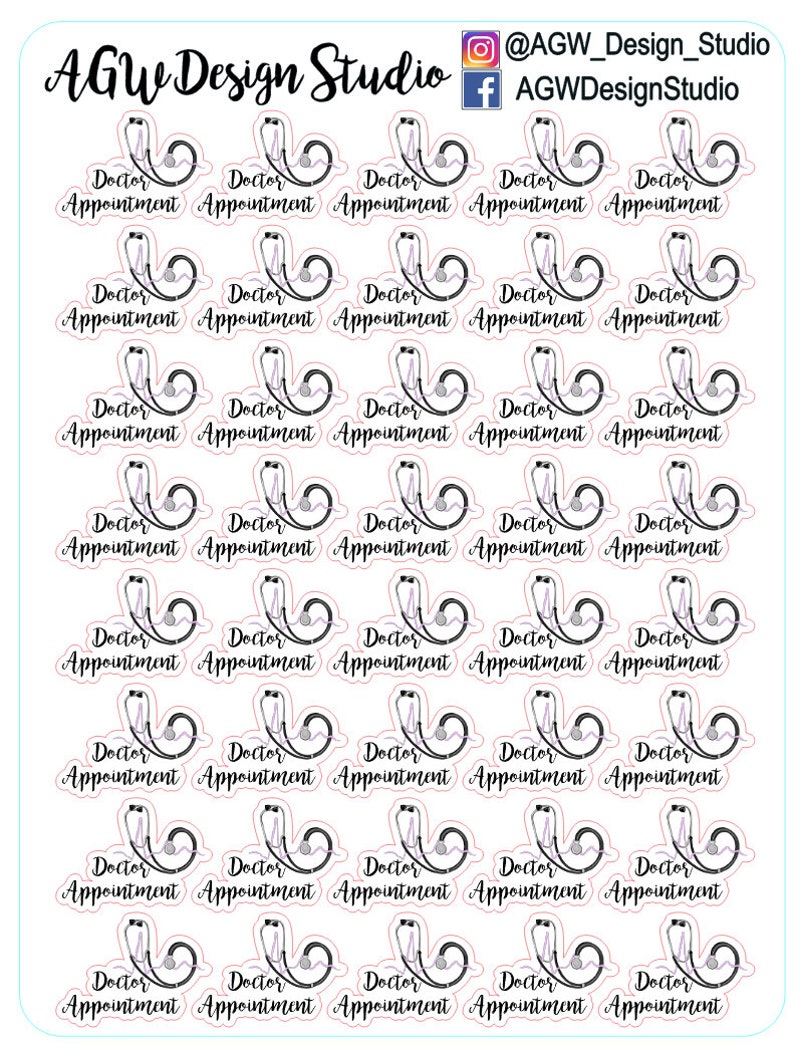 May include: A sheet of 30 black and white stickers with a stethoscope design. Each sticker says "Doctor Appointment" in a cursive font.