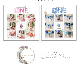 Plantilla para aplastar pastel, dulces, plantilla digital, plantilla de Photoshop, plantilla de collage para el primer cumpleaños